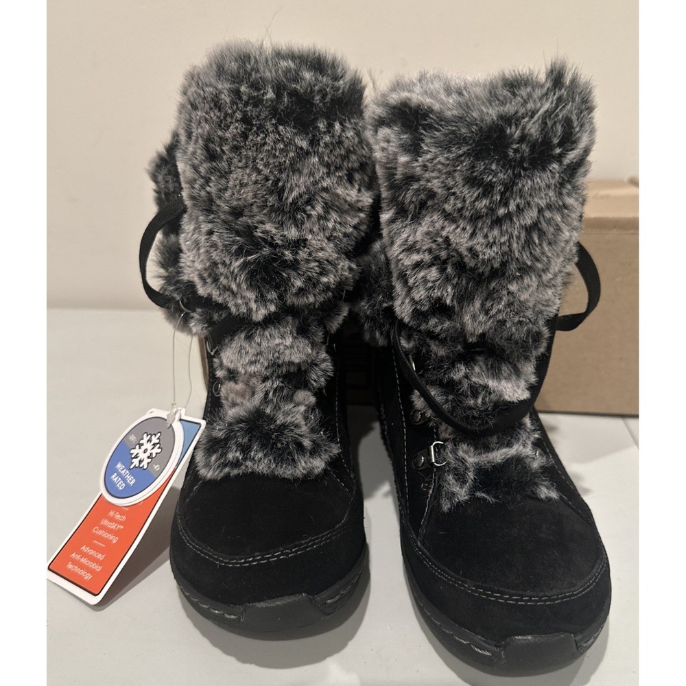 Aetrex EU 36 Size 6-6.5 US Fiona Black Suede Leather Boots Faux Fur Weatherproof